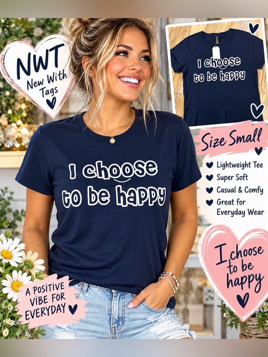 Tops - I Choose to Be Happy Navy Graphic Tee - Women